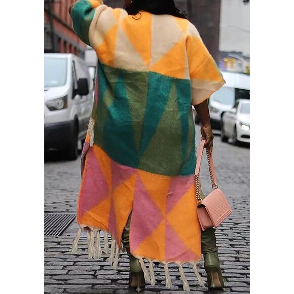 Women's Tassel Sweater Open Front Fringe Colorful Long Cardigan Poncho Sweater - Picture 3 of 6